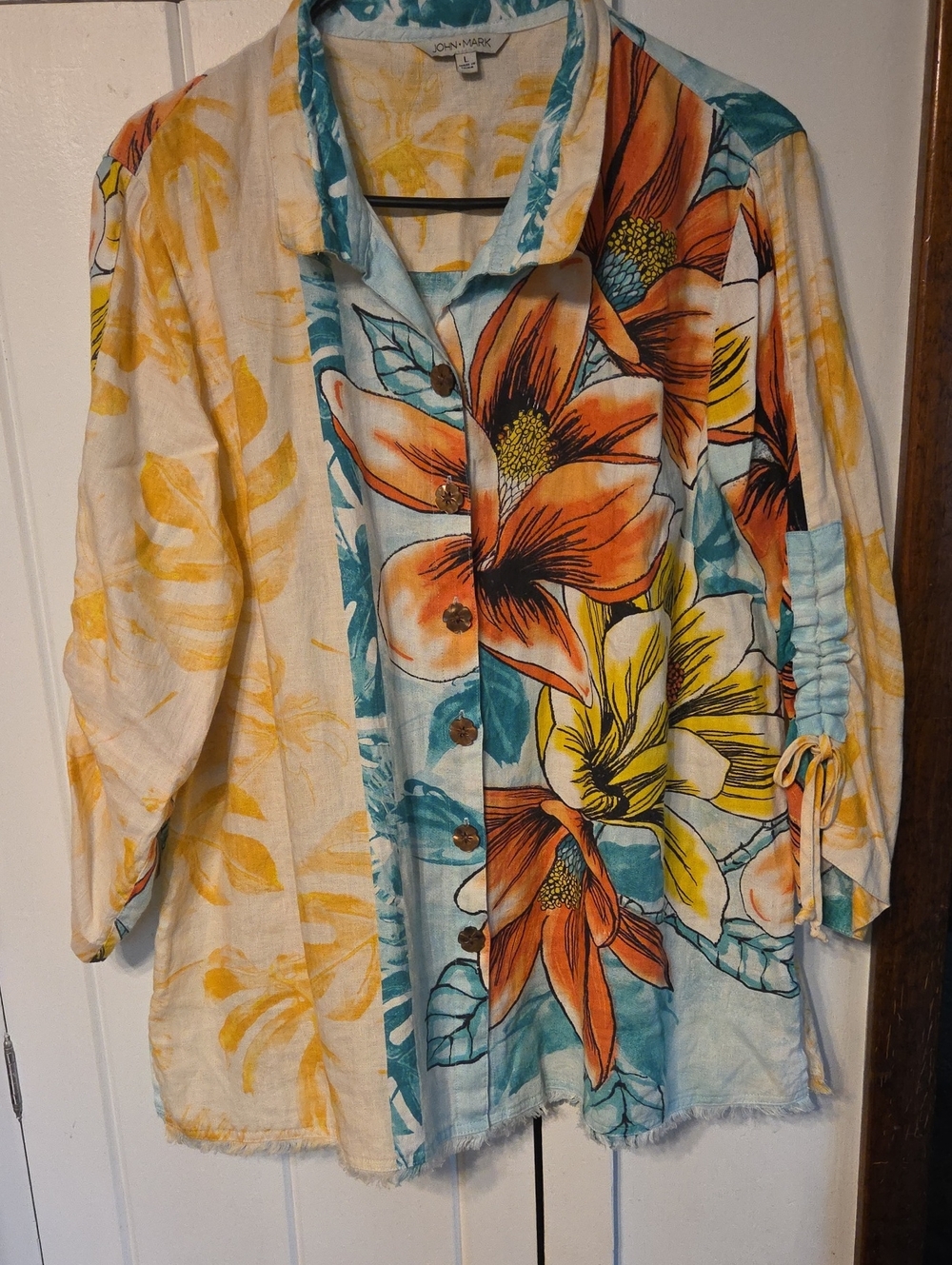 John Mark Floral Button-Front Women’s Shirt in Orange, Yellow & Teal